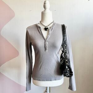 7 For All Mankind Womens Ribbed Henley Long Sleeve Top Size Medium Y2K 2000s